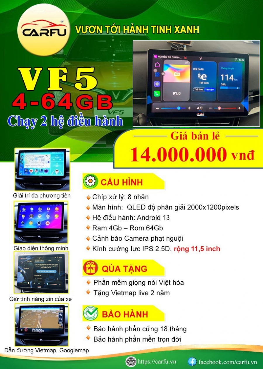 MÀN HÌNH Ô TÔ THÔNG MINH CARFU VF5 (4-64Gb), CHẠY 2 HỆ ĐIỀU HÀNH