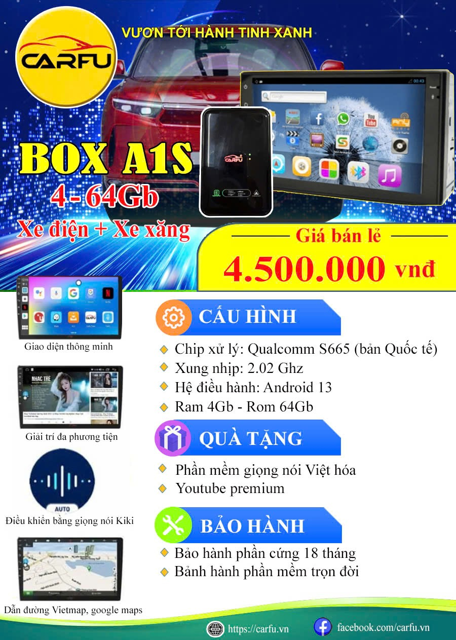 Android Box A1S (4-64Gb) cho xe điện, xe xăng