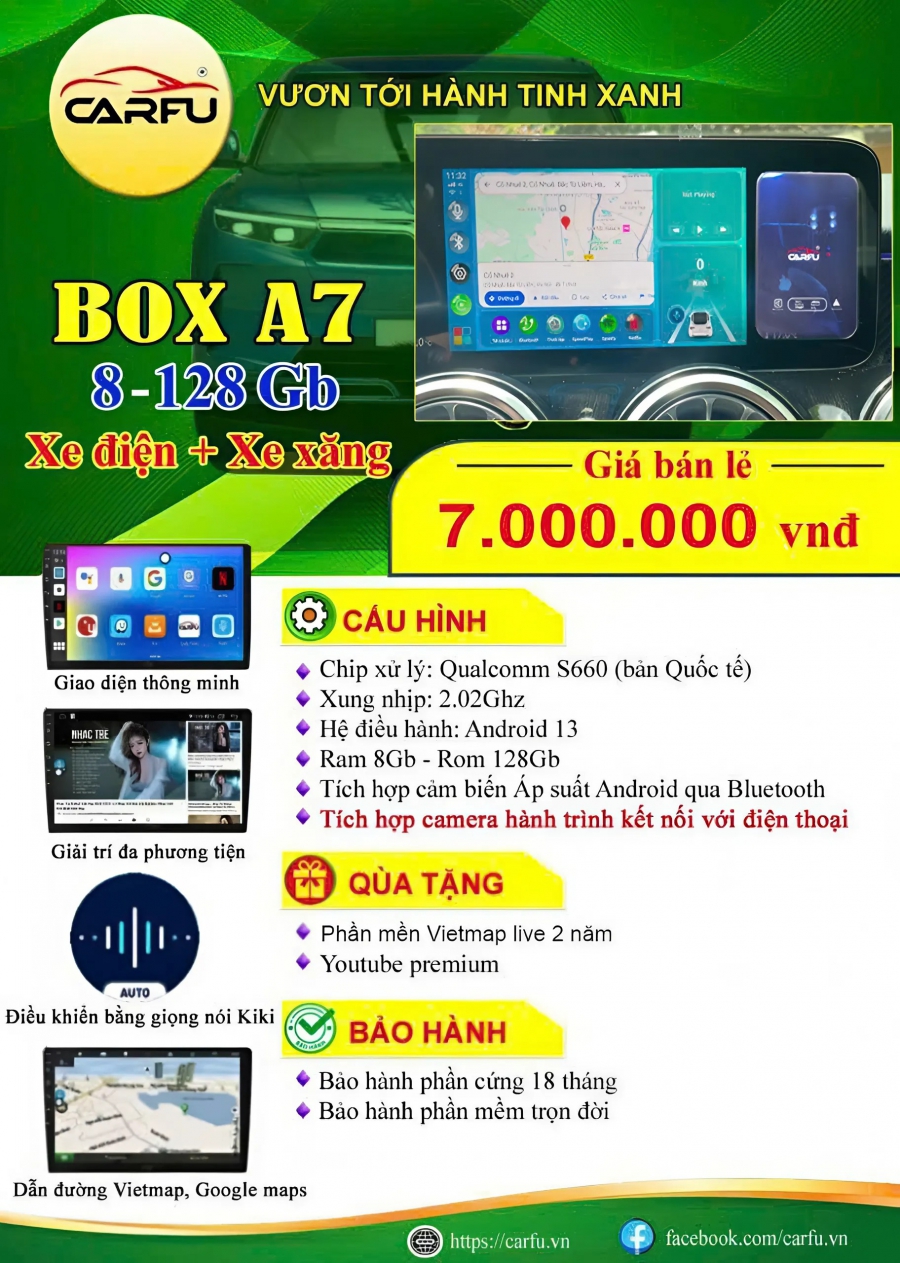 Android Box A7 (8-128Gb) cho xe điện, xe xăng