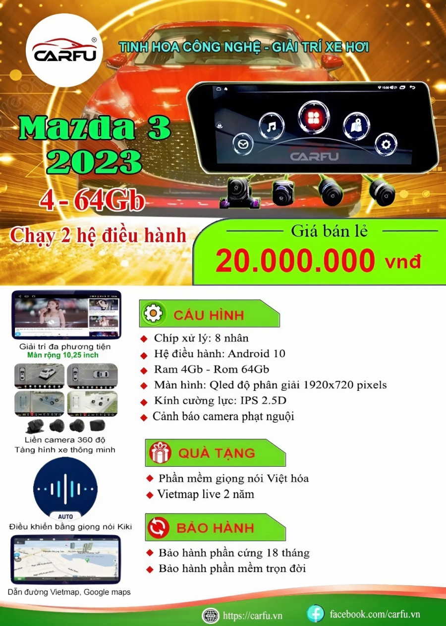 MÀN HÌNH Ô TÔ THÔNG MINH CARFU MAZDA 3 2023(4-64), CHẠY 2 HỆ ĐIỀU HÀNH, LIỀN CAMERA 360