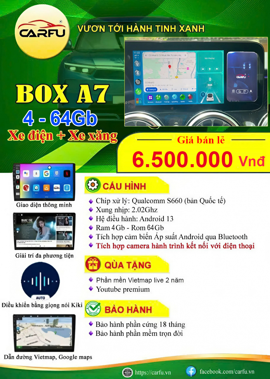 Android Box A7 (4-64b) cho xe điện, xe xăng