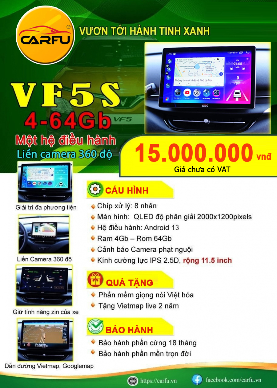 MÀN HÌNH Ô TÔ THÔNG MINH CARFU VF5S(4-64Gb), MỘT HỆ ĐIỀU HÀNH, LIỀN CAMERA 360 ĐỘ