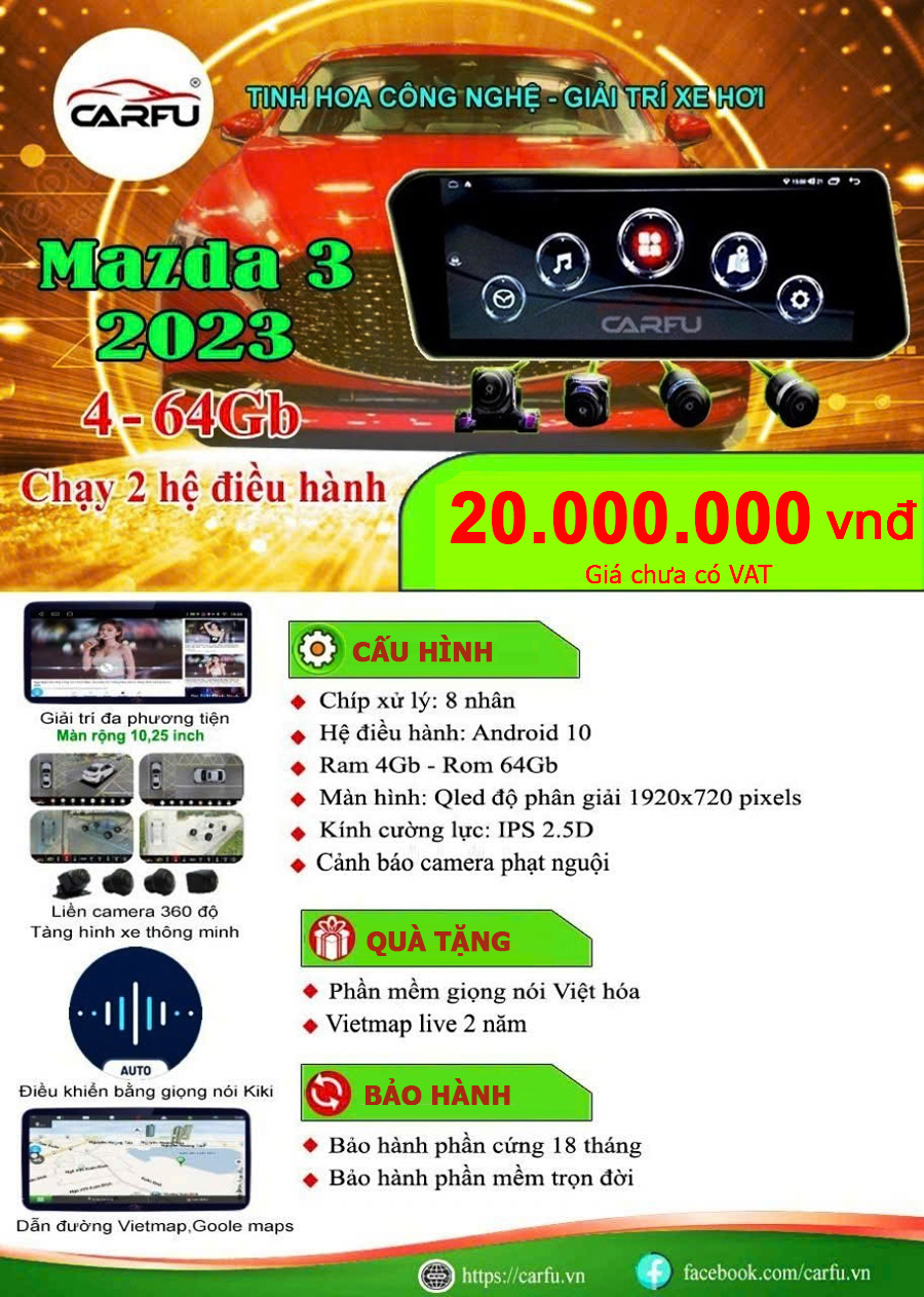 MÀN HÌNH Ô TÔ THÔNG MINH MAZDA 3 2023(4-64), CHẠY 2 HỆ ĐIỀU HÀNH