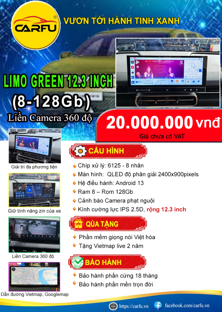 MÀN HÌNH Ô TÔ LIMO GREEN (8-128GB)-12.3 INCH