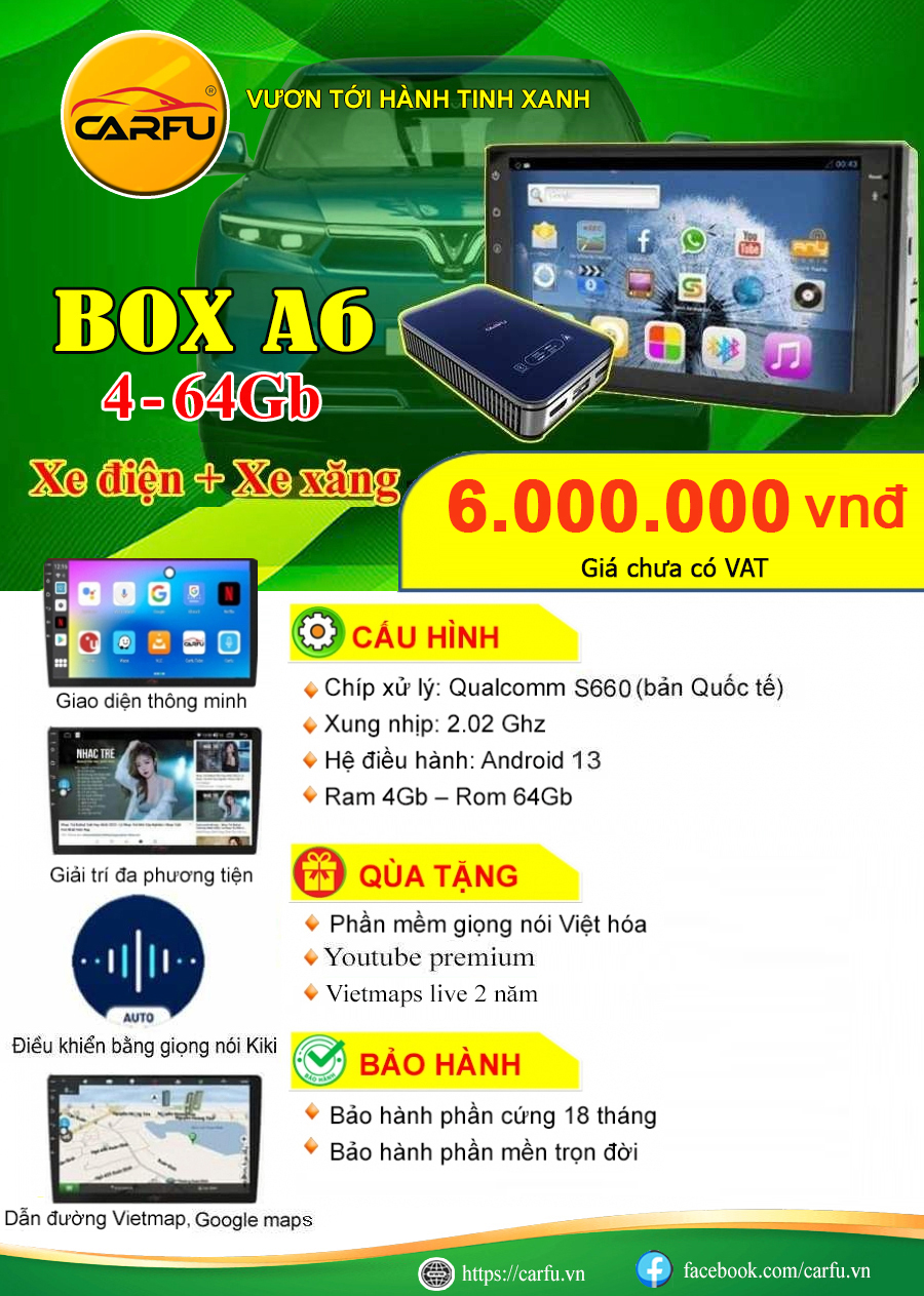 Android Box A6 (4-64Gb) cho xe điện, xe xăng