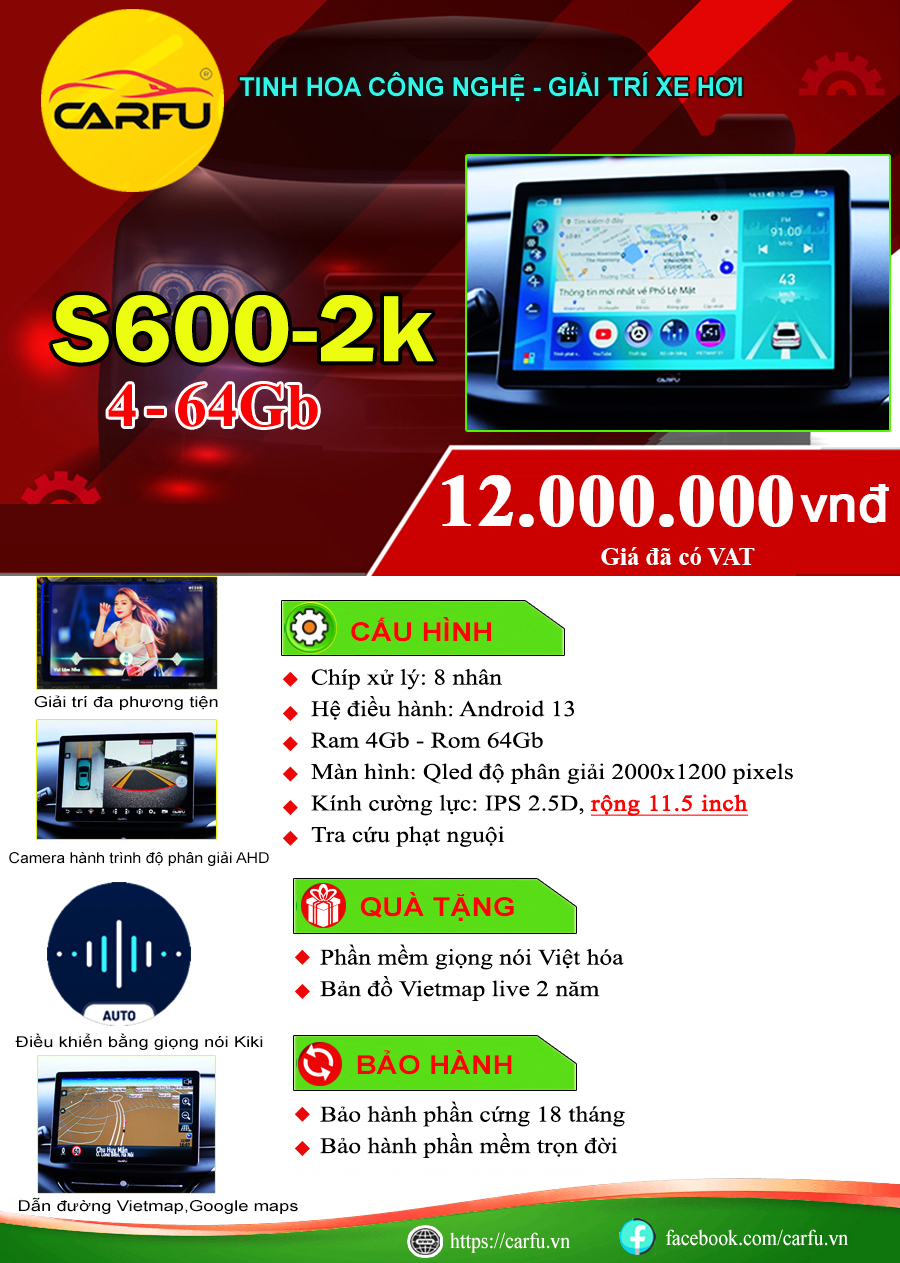 Màn hình ô tô thông minh S600-2k (4-64Gb)