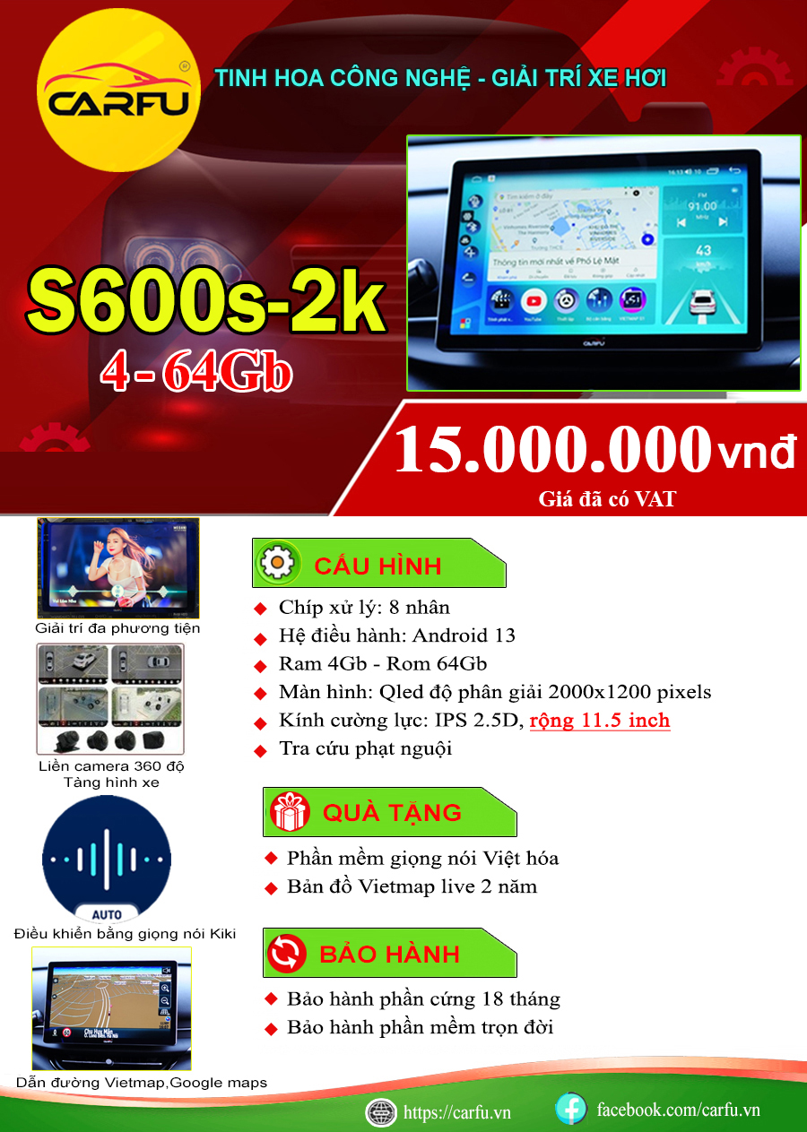 Màn hình ô tô thông minh S600s-2k (4-64Gb)