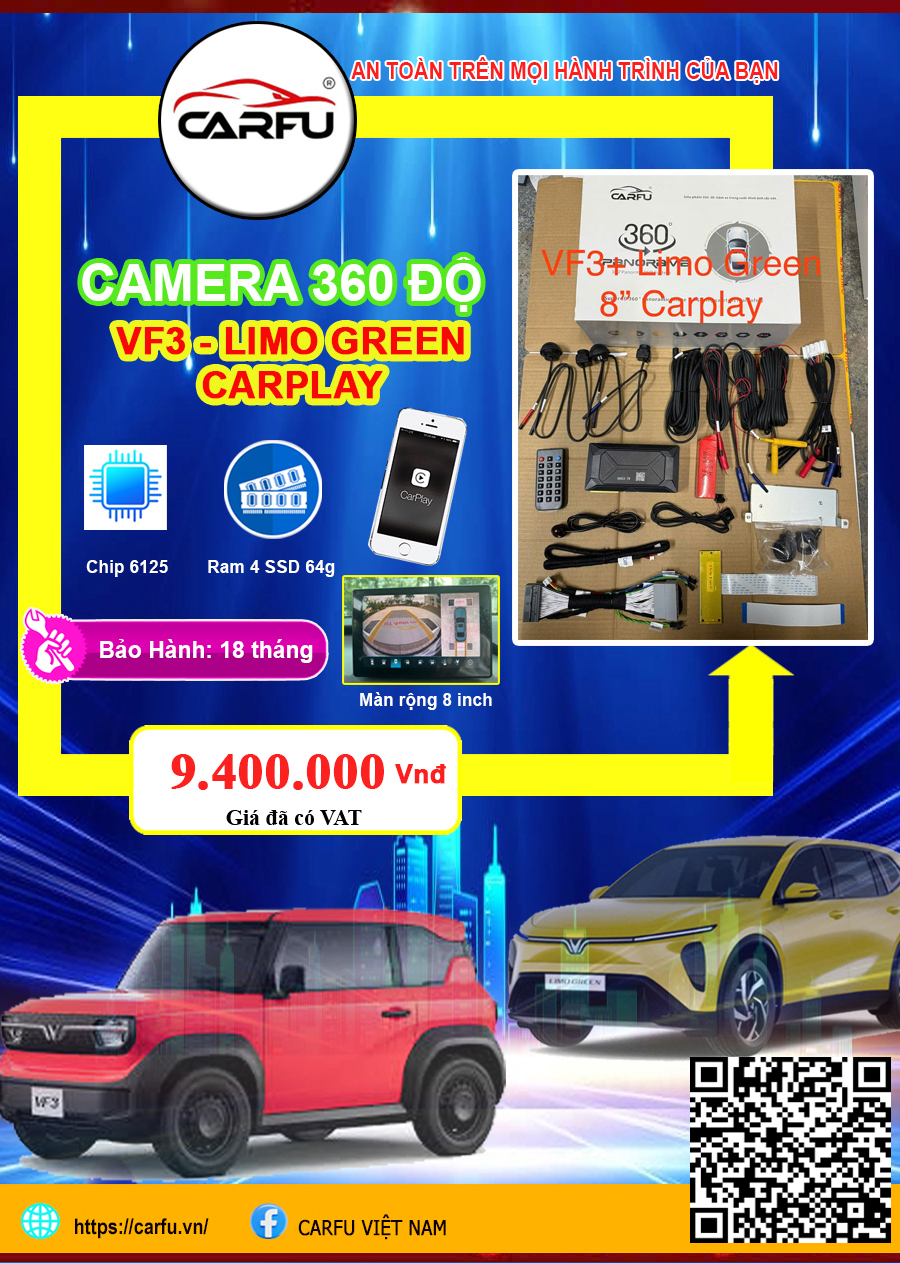 CAMERA 360 ĐỘ CHO VINFAST VF3 & LIMO CÓ CARPLAY