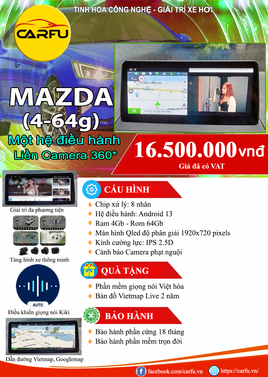 MÀN HÌNH Ô TÔ THÔNG MINH MAZDA (4-64), CHẠY 1 HỆ ĐIỀU HÀNH, LIỀN CAMERA  360