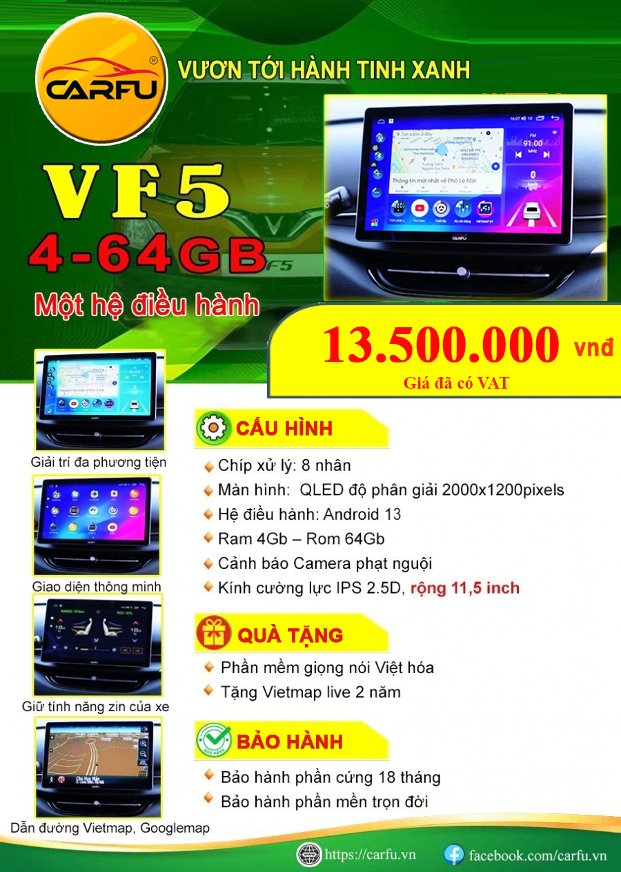 MÀN HÌNH Ô TÔ THÔNG MINH CARFU VF5(4-64Gb), CHẠY 1 HỆ ĐIỀU HÀNH