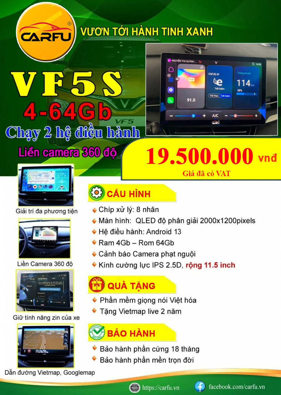 MÀN HÌNH Ô TÔ THÔNG MINH CARFU VF5S(4-64Gb), 2 HỆ ĐIỀU HÀNH, LIỀN CAMERA 360 ĐỘ