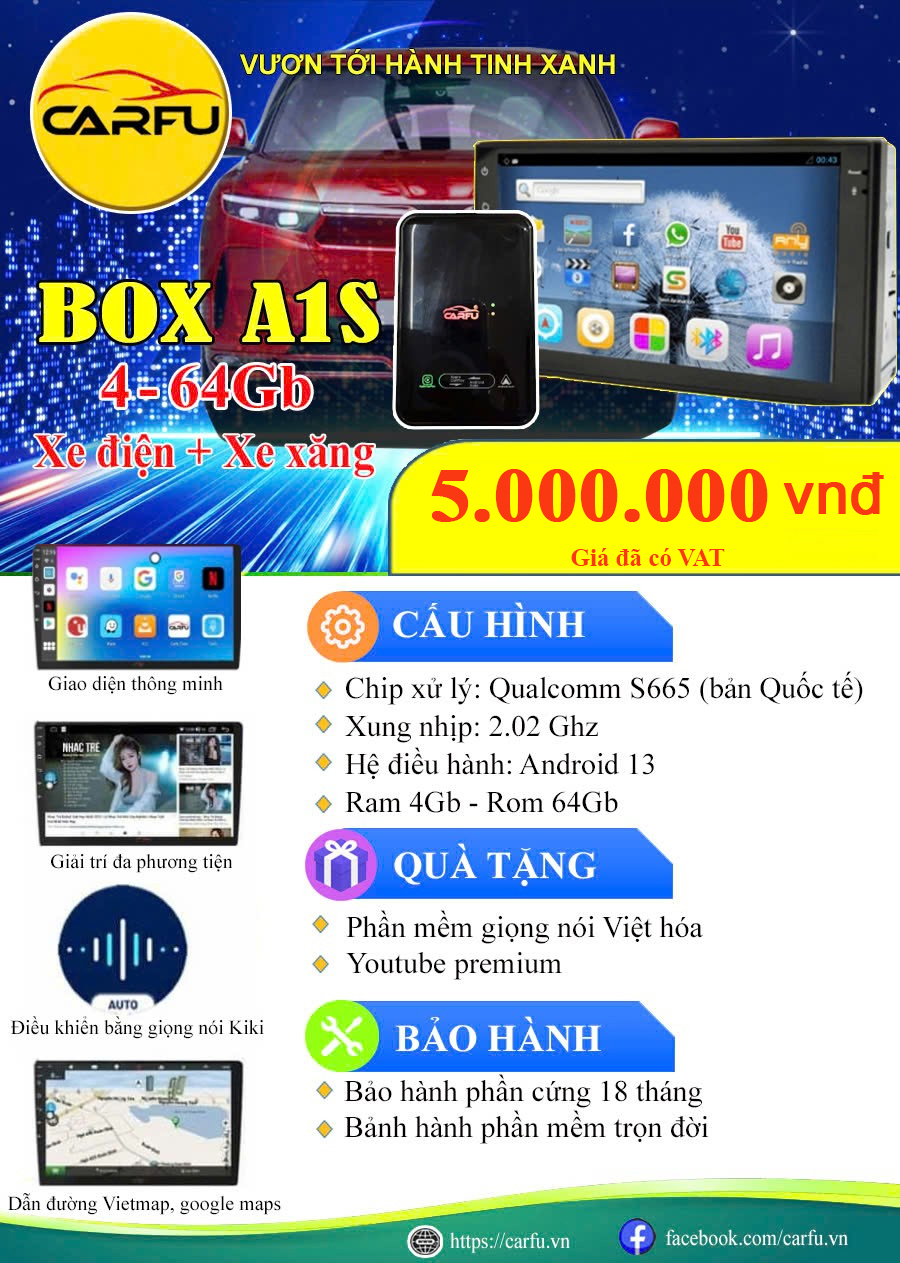 Android Box A1S (4-64Gb) cho xe điện, xe xăng