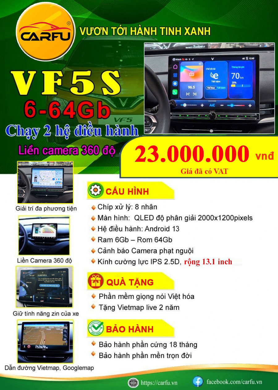 MÀN HÌNH Ô TÔ THÔNG MINH CARFU VF5S(6-64Gb), 2 HỆ ĐIỀU HÀNH, LIỀN CAMERA 360 ĐỘ