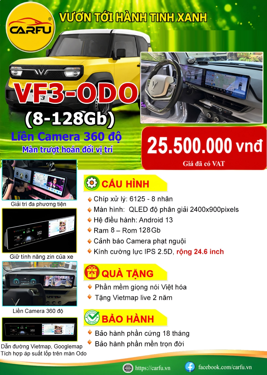 MÀN HÌNH Ô TÔ VF3 ODO (8-128Gb)-MÀN TRƯỢT