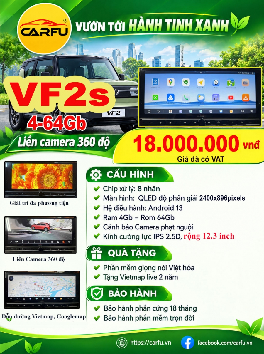 MÀN HÌNH Ô TÔ  CARFU VF2S(4-64Gb), LIỀN CAM 360