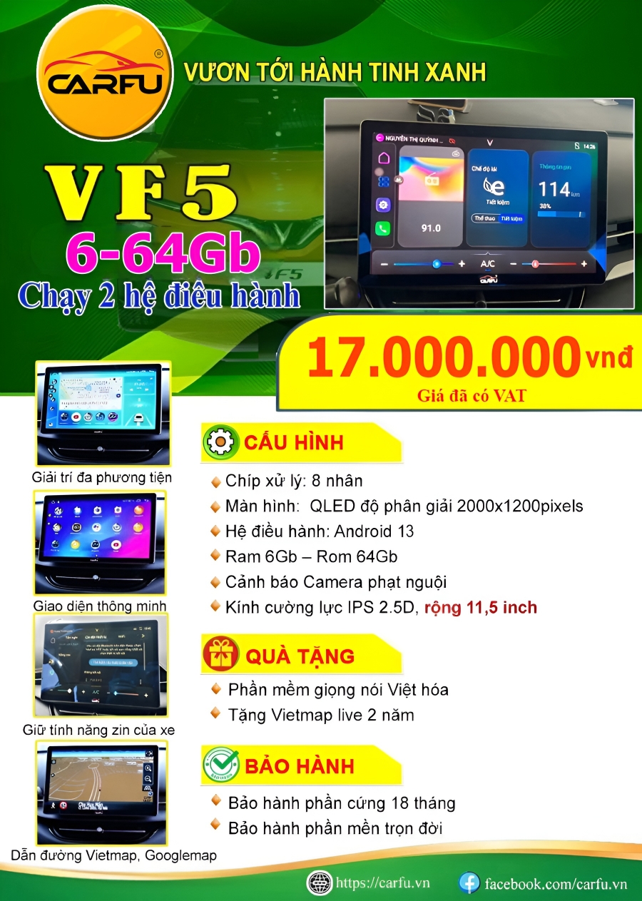 MÀN HÌNH Ô TÔ THÔNG MINH CARFU VF5 (6-64Gb), CHẠY 2 HỆ ĐIỀU HÀNH
