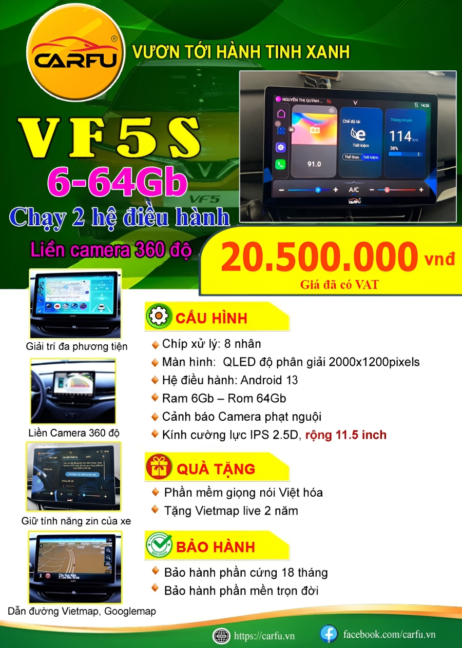 MÀN HÌNH Ô TÔ THÔNG MINH CARFU VF5S(6-64Gb), 2 HỆ ĐIỀU HÀNH, LIỀN CAMERA 360 ĐỘ