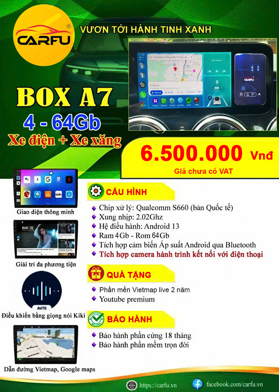 Android Box A7 (4-164Gb) cho xe điện, xe xăng